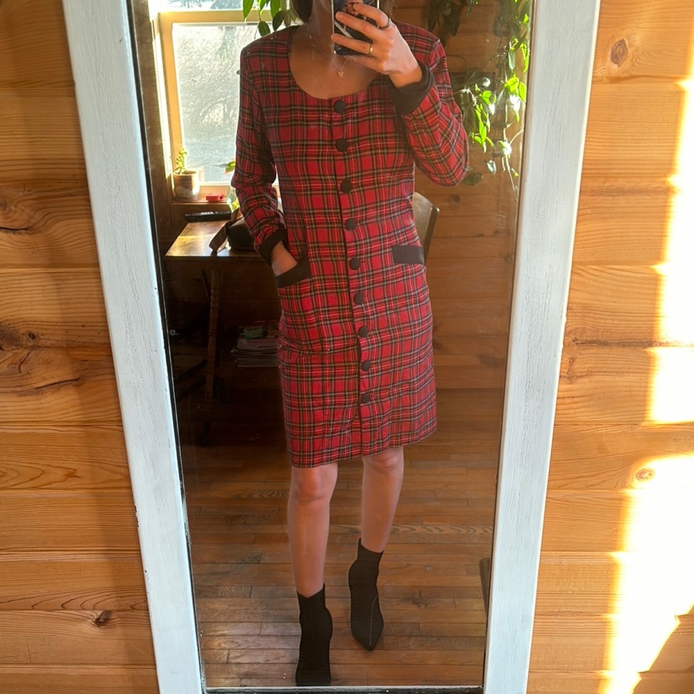 💋Vintage Express Red Plaid Button-Down Dress